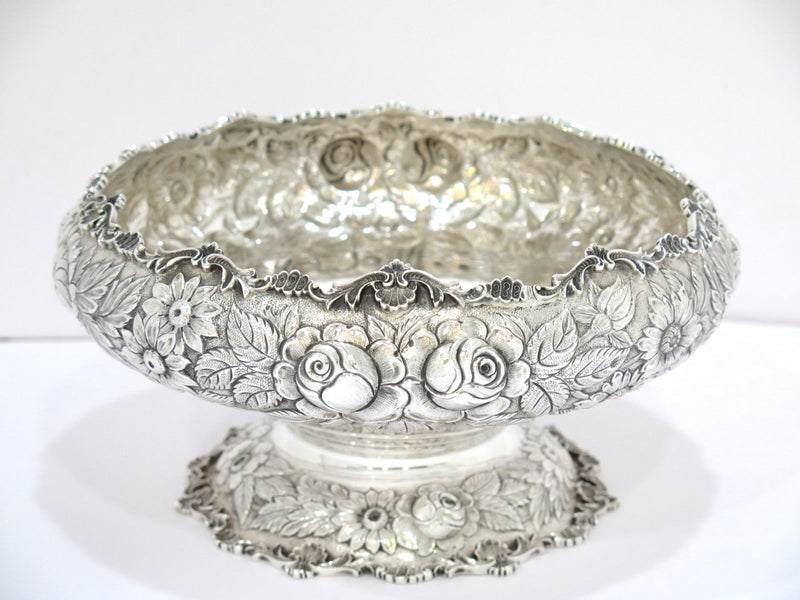 10 in Sterling Silver S. Kirk & Son Antique Floral Repousse Footed Serving Bowl