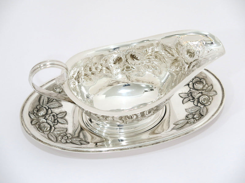 Sterling Silver S. Kirk & Son Antique Floral Repousse Gravy Boat w/ Saucer