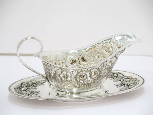 Sterling Silver S. Kirk & Son Antique Floral Repousse Gravy Boat w/ Saucer