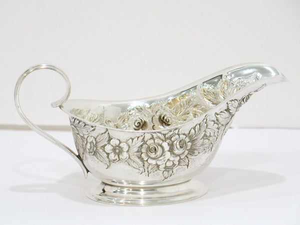 Sterling Silver S. Kirk & Son Antique Floral Repousse Gravy Boat w/ Saucer