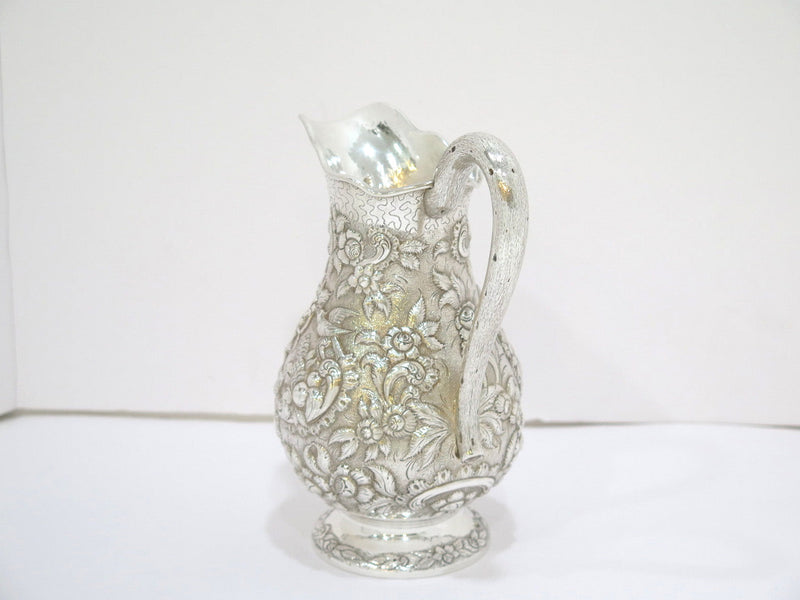 8 in - Coin Silver A. E. Warner Antique Birds Flowers Repousse Small Pitcher