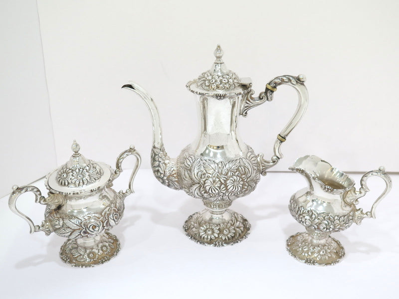 3 piece - Sterling Silver Stieff Antique Floral Repousse Tea / Coffee Service