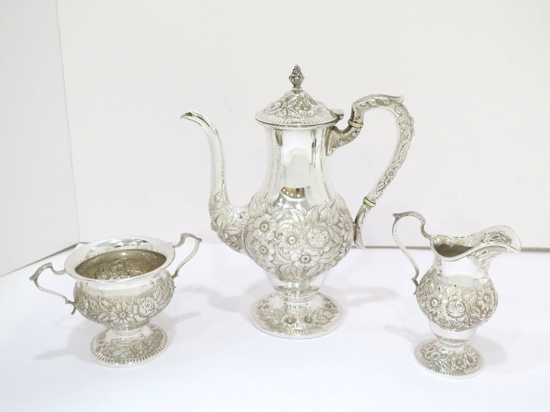 3 pc Sterling Silver S. Kirk & Son Antique Floral Repousse Tea / Coffee Service