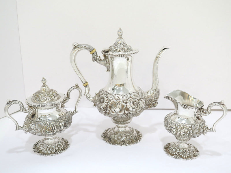 3 piece - Sterling Silver Stieff Antique Floral Repousse Tea / Coffee Service