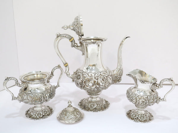 3 piece - Sterling Silver Stieff Antique Floral Repousse Tea / Coffee Service