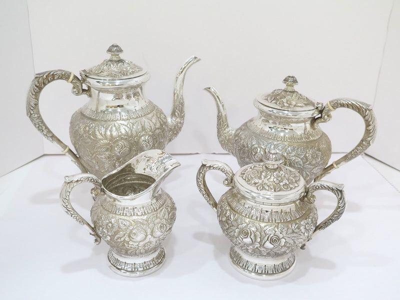 4 pc Sterling Silver S. Kirk & Son Antique Floral Repousse Tea / Coffee Service