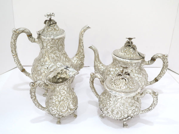 4 piece - Sterling Silver Stieff Antique Floral Repousse Tea / Coffee Service