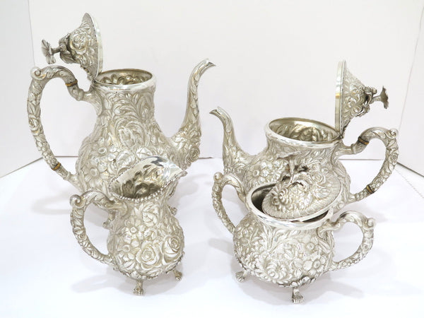 4 piece - Sterling Silver Stieff Antique Floral Repousse Tea / Coffee Service