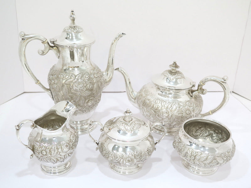 5 pc Sterling Silver S. Kirk & Son Antique Floral Repousse Tea / Coffee Service