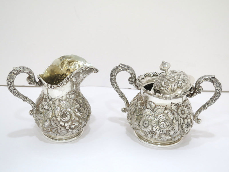 Sterling Silver Baltimore Silversmiths Antique Repousse Sugar Bowl & Creamer