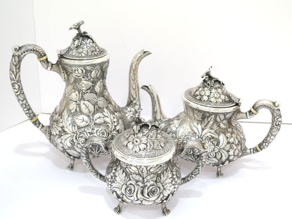 3 piece - Sterling Silver Stieff Antique Floral Repousse Tea / Coffee Service