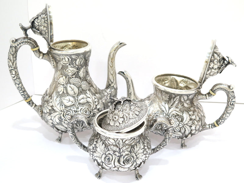 3 piece - Sterling Silver Stieff Antique Floral Repousse Tea / Coffee Service