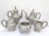 5 pc Sterling Silver S. Kirk & Son Antique Floral Repousse Tea / Coffee Service