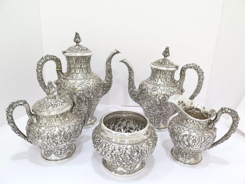 5 pc Sterling Silver S. Kirk & Son Antique Floral Repousse Tea / Coffee Service