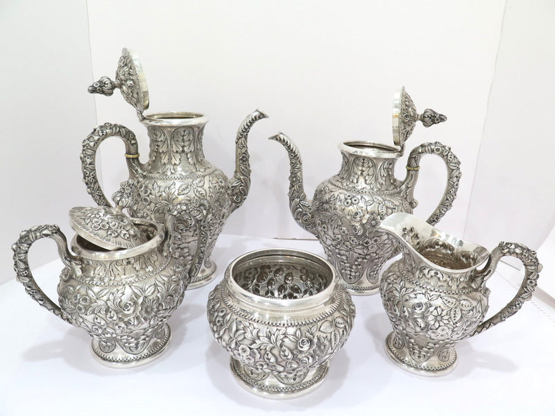 5 pc Sterling Silver S. Kirk & Son Antique Floral Repousse Tea / Coffee Service