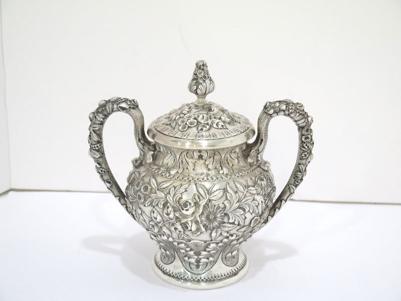 5 pc Sterling Silver S. Kirk & Son Antique Floral Repousse Tea / Coffee Service