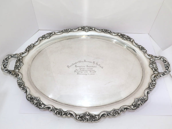 29 in - Sterling Silver Poole Antique Floral Scroll Rim Oval Tray w/ Handles