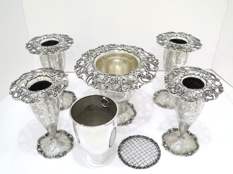 Set of 5 - Sterling Silver Roger Williams Antique Floral Scroll Vases