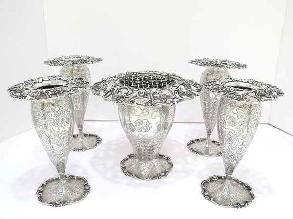 Set of 5 - Sterling Silver Roger Williams Antique Floral Scroll Vases