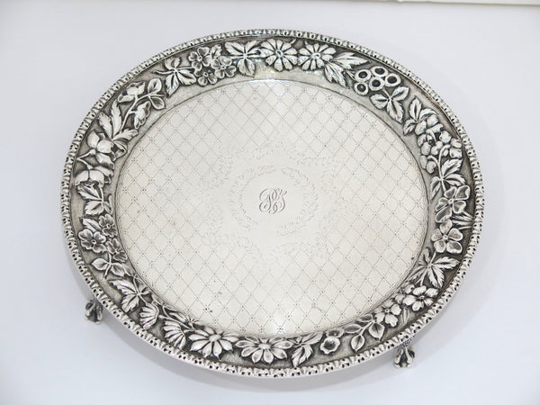 10 in - Sterling Silver S. Kirk & Son Antique Floral Repousse Footed Round Tray