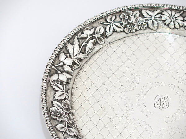 10 in - Sterling Silver S. Kirk & Son Antique Floral Repousse Footed Round Tray