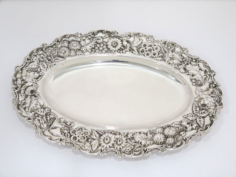 14 in - Sterling Silver S. Kirk & Son Antique Floral Repousse Oval Platter