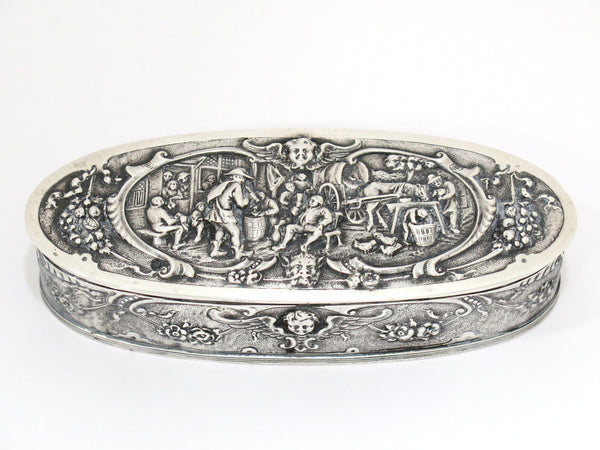 5.5 in - European Silver Antique Dutch Nobleman's Household Scene Oval Box