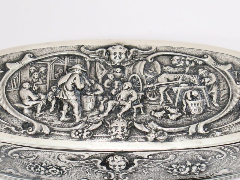 5.5 in - European Silver Antique Dutch Nobleman's Household Scene Oval Box