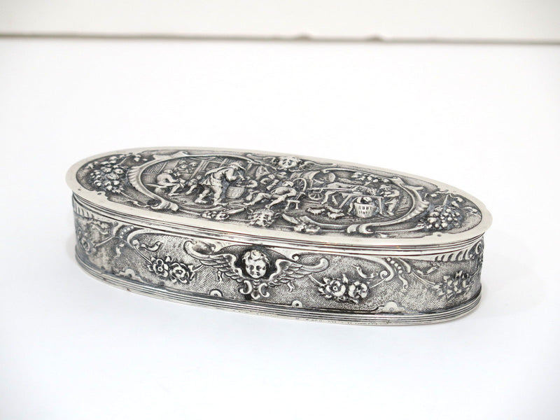 5.5 in - European Silver Antique Dutch Nobleman's Household Scene Oval Box