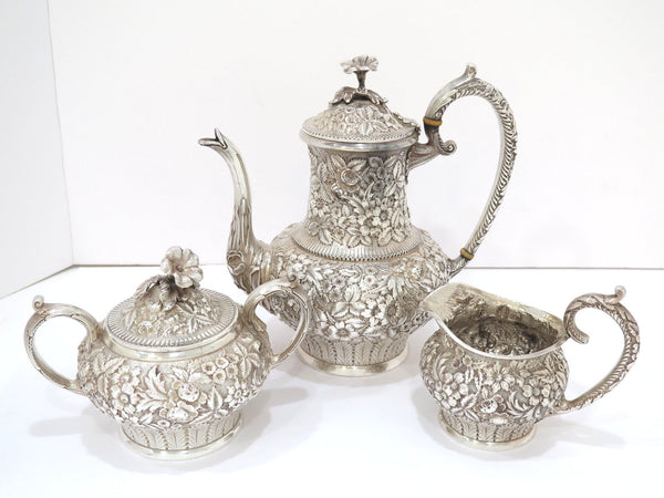 Sterling Silver Jacobi & Jenkins Antique c 1899 Floral Repousse Tea / Coffee Set