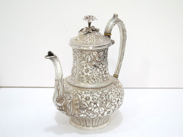 9 in - Sterling Silver Jacobi & Jenkins Antique c. 1899 Floral Repousse Teapot