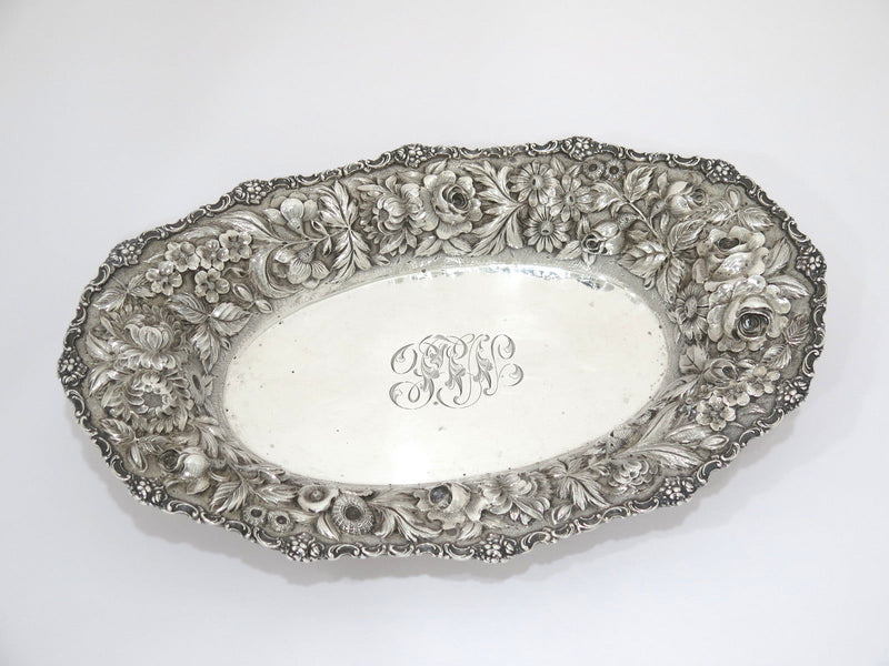 12.75 in - Sterling Silver Stieff Vintage Floral Repousse Oval Serving Dish