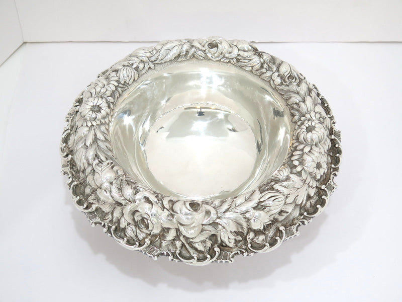 11.5 in Sterling Silver Stieff Antique American 1928 Floral Repousse Footed Bowl