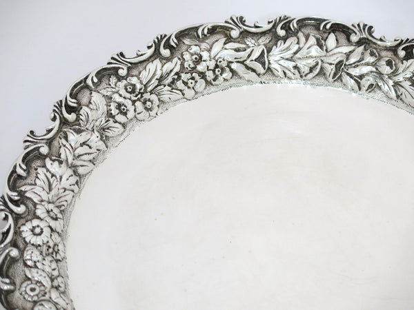 11 in - Sterling Silver S. Kirk & Son Antique Floral Repousse Rim Footed Platter