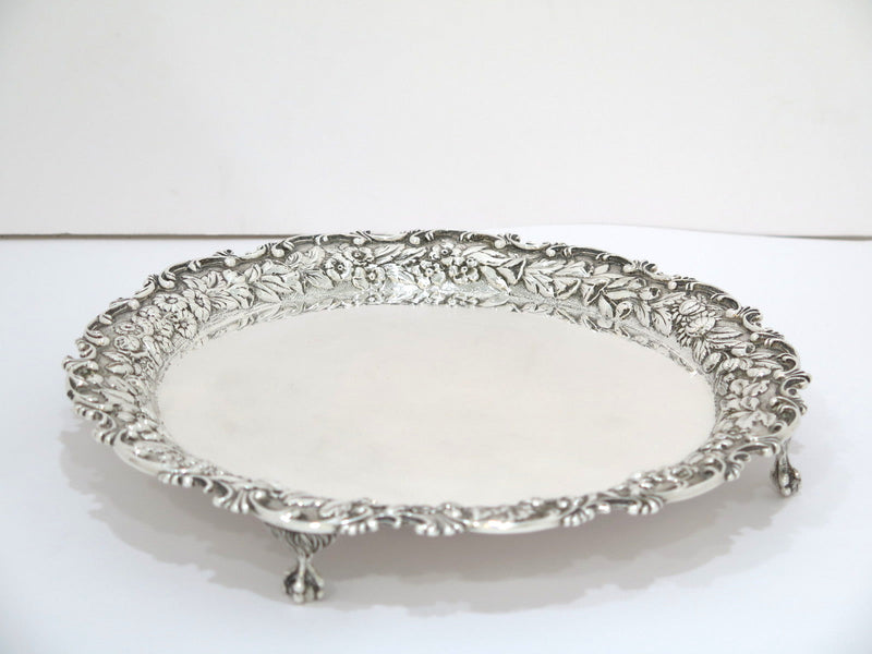 11 in - Sterling Silver S. Kirk & Son Antique Floral Repousse Rim Footed Platter