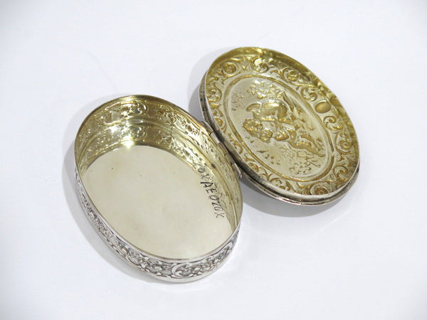 3 5/8 in European Silver Gilded Interior Antique German Cuddling Cupids Oval Box