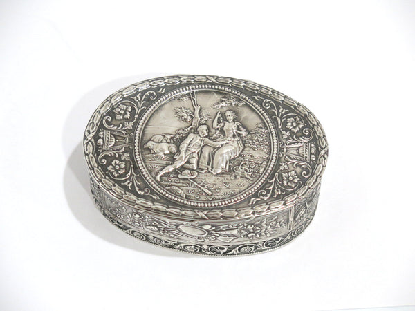 4 in - 916 Silver Antique European Romantic Scene Oval Snuff Box