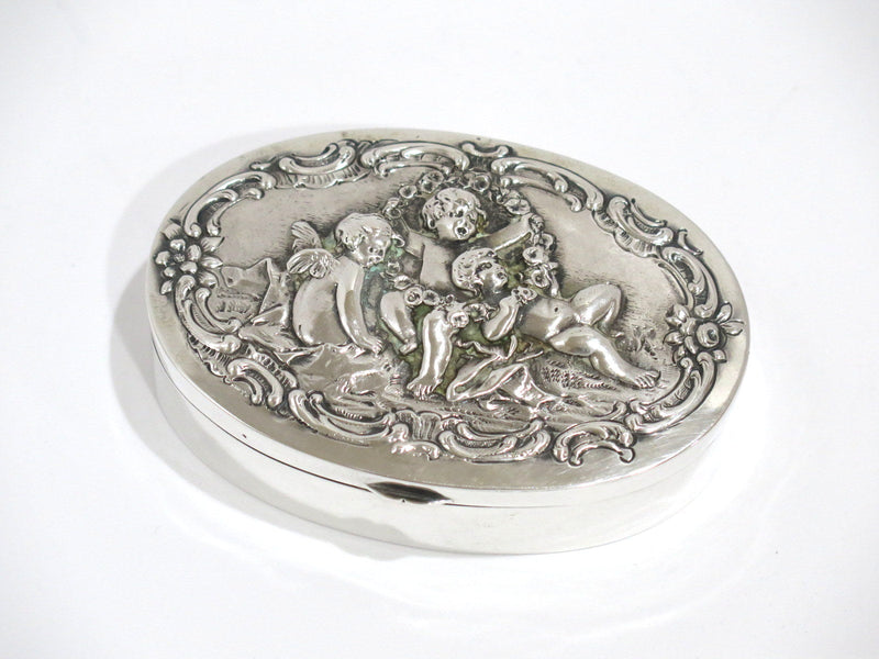 4 in - European Silver Antique German Cherubs Oval Box