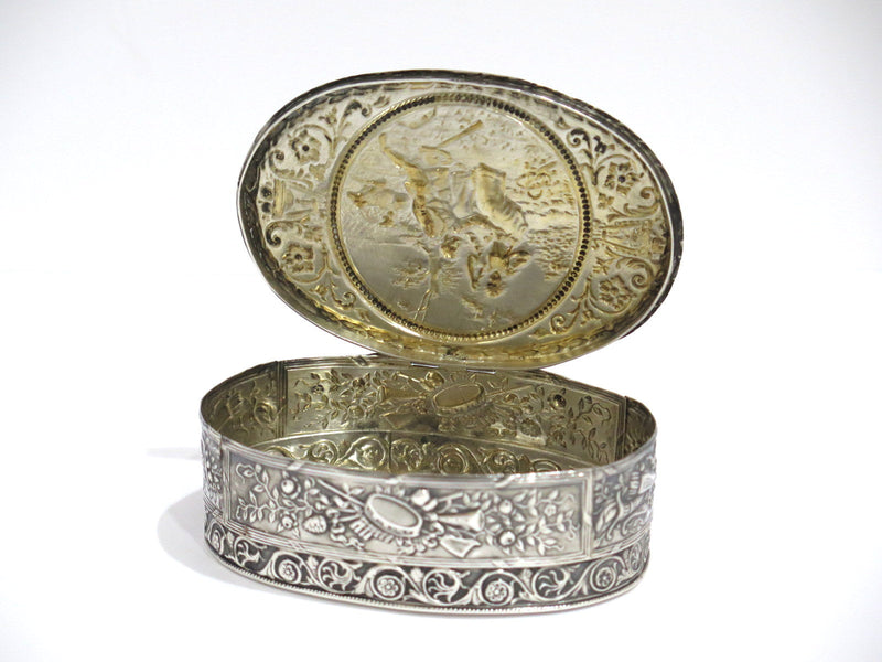 4 in - 916 Silver Antique European Romantic Scene Oval Snuff Box