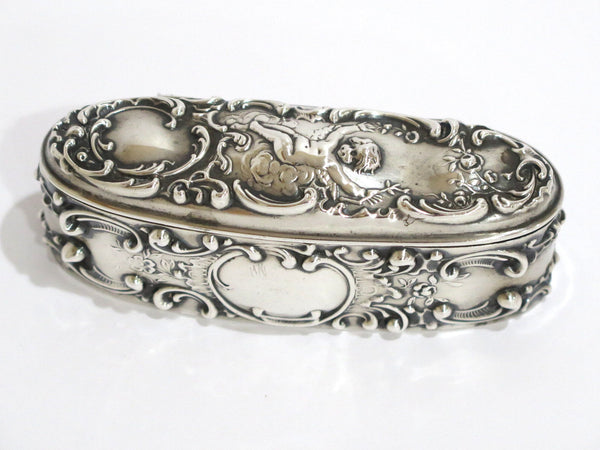 4 3/8 in - Sterling Silver Mauser Antique Cigar-Shaped Cupid Floral Box