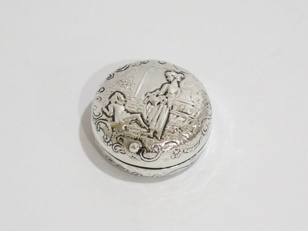 1 5/8 in - Sterling Silver Antique American Girl w/ Basket Round Snuff/Pill Box