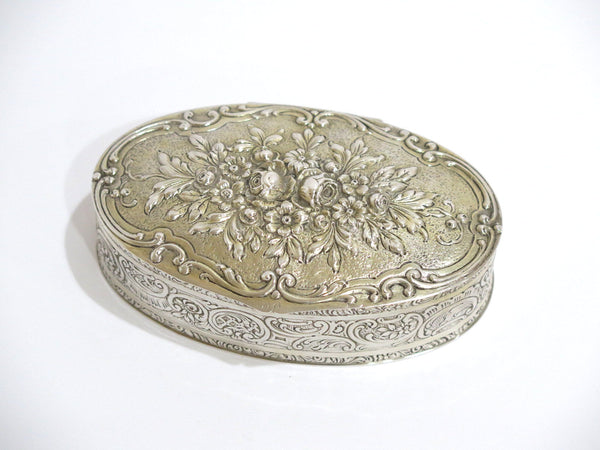 4.75 in - European Silver Gilded Interior Antique German Rose Floral Oval Box