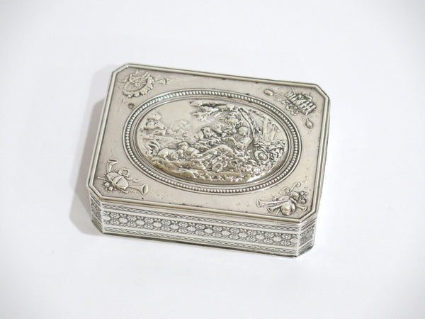 3.25 in - Sterling Silver Antique French Playing Flute Scene Snuff Box