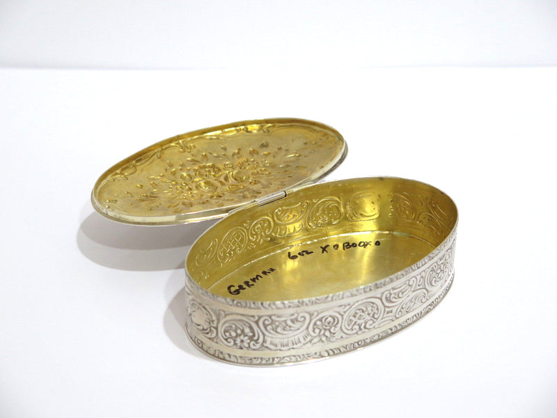 4.75 in - European Silver Gilded Interior Antique German Rose Floral Oval Box