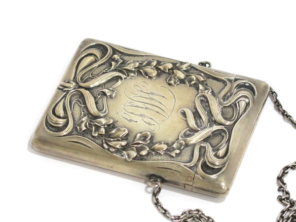 3 1/8 in - Sterling Silver Antique American Art Nouveau Card Case w/ Chain