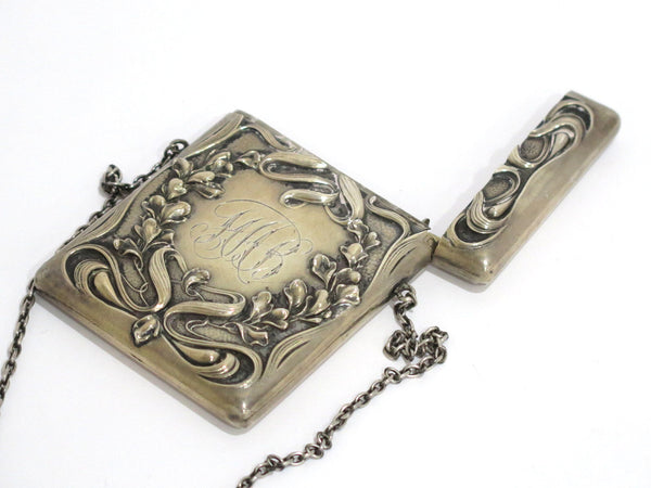 3 1/8 in - Sterling Silver Antique American Art Nouveau Card Case w/ Chain