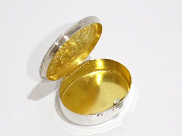1 5/8 in - Sterling Silver Gilt Interior Vintage W. German Floral Oval Pill Case