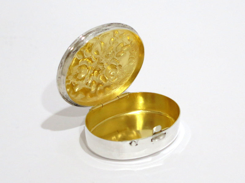 1 5/8 in - Sterling Silver Gilt Interior Vintage W. German Floral Oval Pill Case