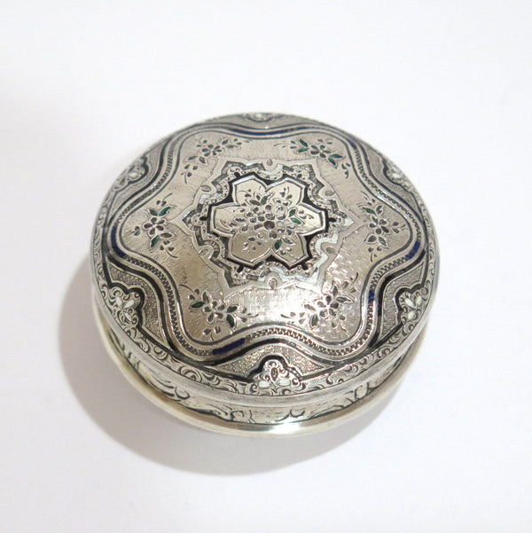 2.25" Sterling Silver Gilded Interior Black Enamel Antique Floral Snuff/Pill Box