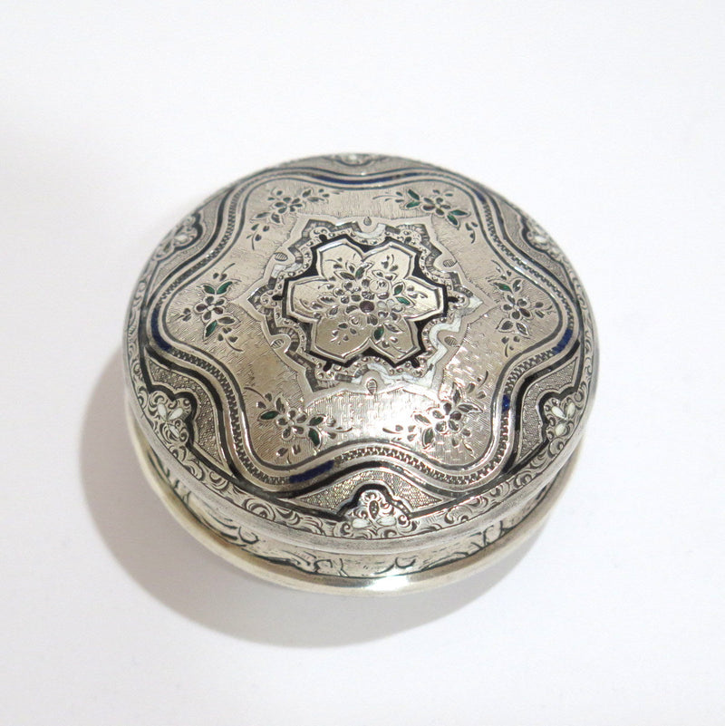 2.25" Sterling Silver Gilded Interior Black Enamel Antique Floral Snuff/Pill Box